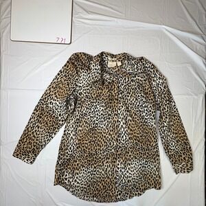 Chicos Womens No Iron Leopard Print Cotton Button Down Shirt Tan Brown Size 1